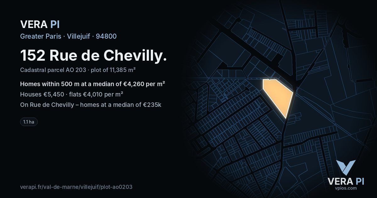 152 Rue de Chevilly, Villejuif at night – the plot lit, the parcels around coloured by the prices near them