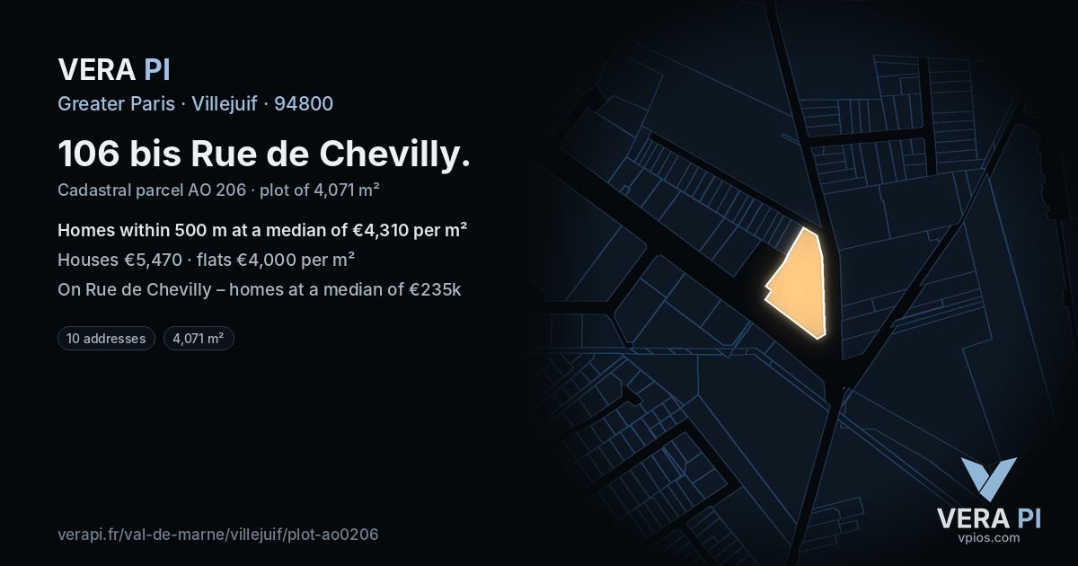 106 bis Rue de Chevilly, Villejuif at night – the plot lit, the parcels around coloured by the prices near them