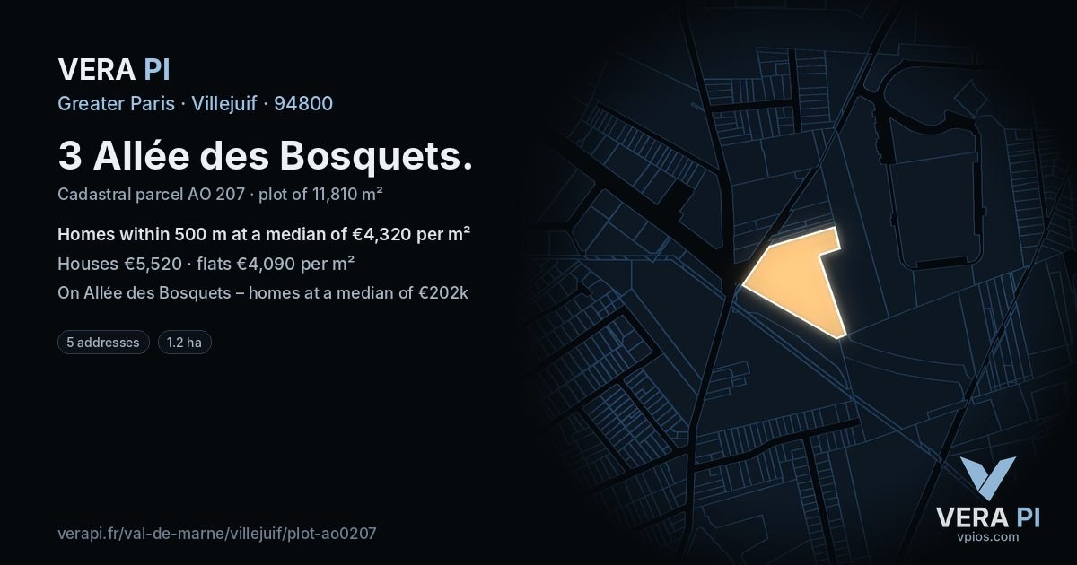 3 Allée des Bosquets, Villejuif at night – the plot lit, the parcels around coloured by the prices near them