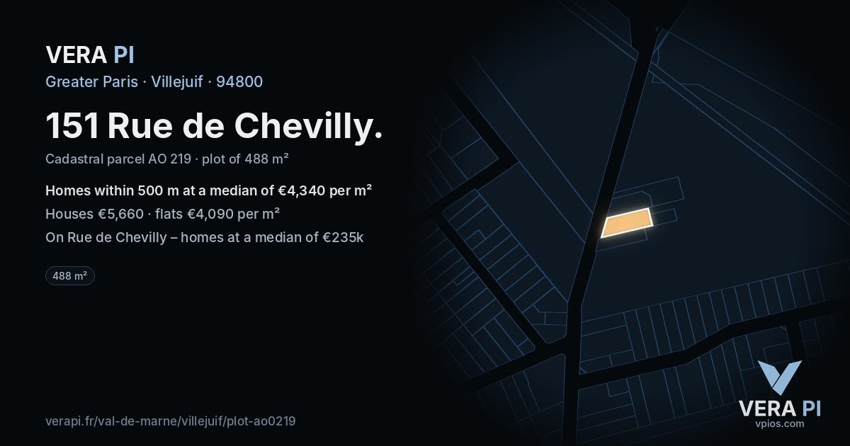 151 Rue de Chevilly, Villejuif at night – the plot lit, the parcels around coloured by the prices near them