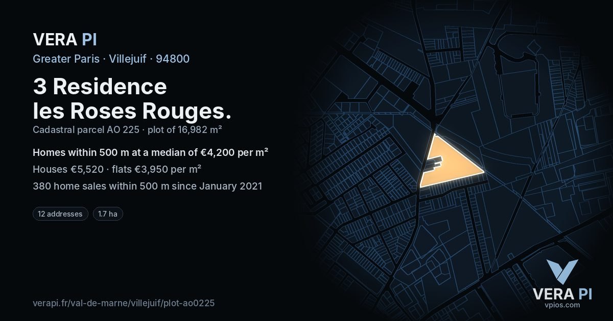 3 Residence les Roses Rouges, Villejuif at night – the plot lit, the parcels around coloured by the prices near them