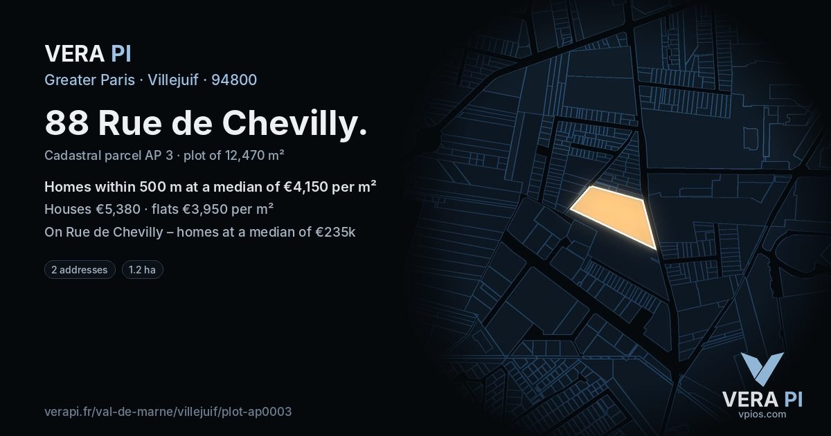88 Rue de Chevilly, Villejuif at night – the plot lit, the parcels around coloured by the prices near them