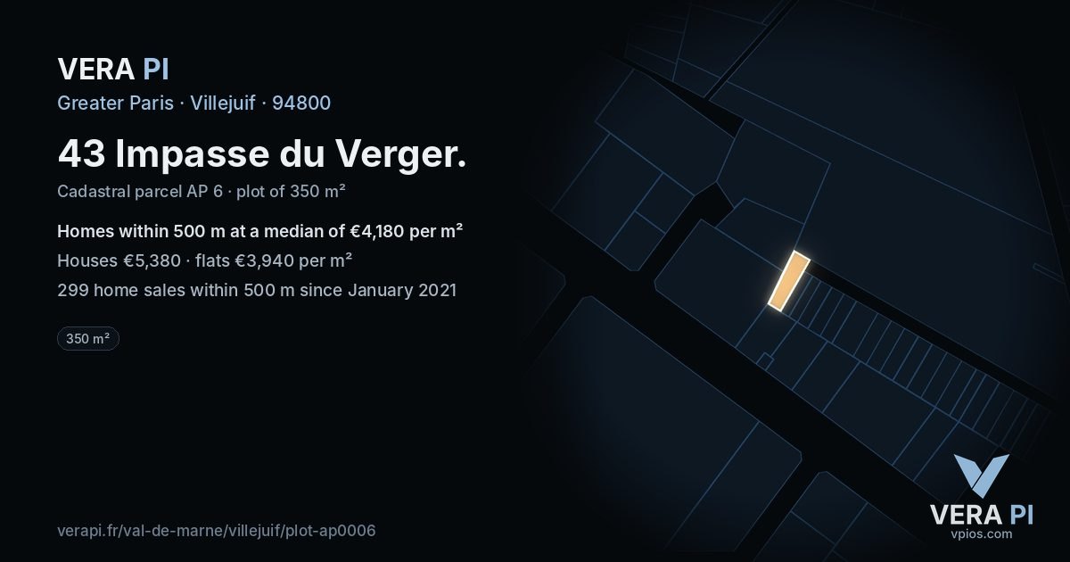 43 Impasse du Verger, Villejuif at night – the plot lit, the parcels around coloured by the prices near them