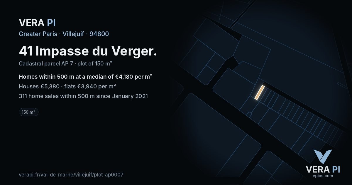41 Impasse du Verger, Villejuif at night – the plot lit, the parcels around coloured by the prices near them