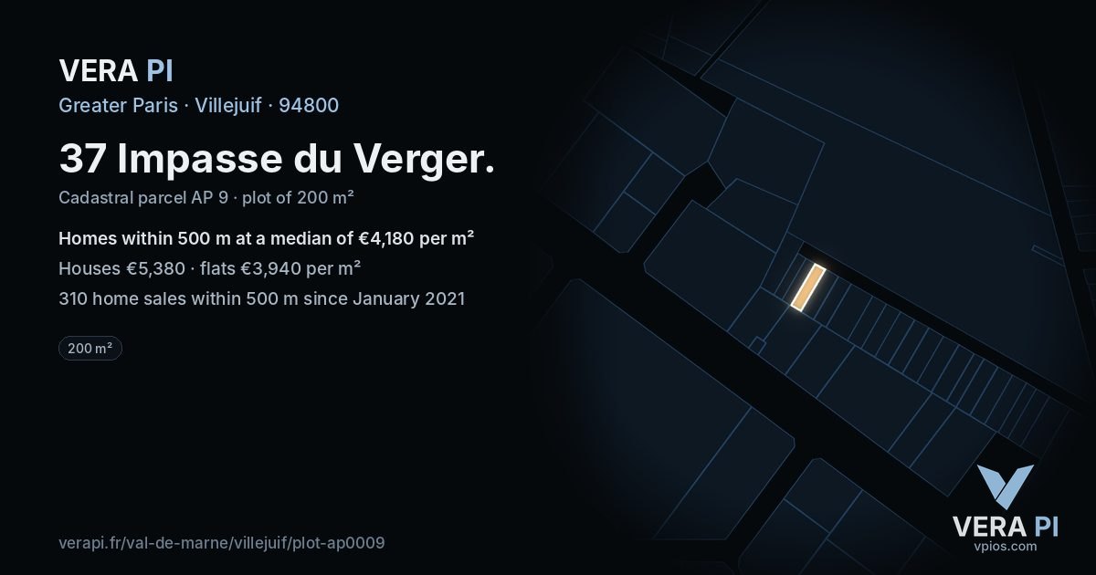 37 Impasse du Verger, Villejuif at night – the plot lit, the parcels around coloured by the prices near them