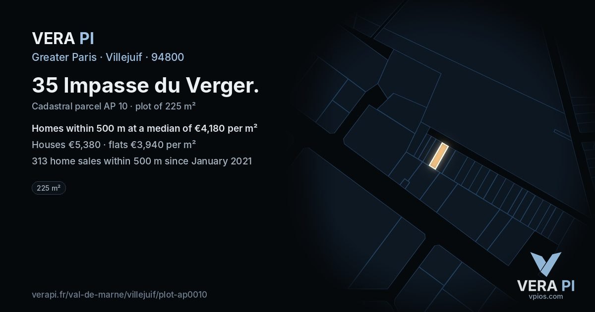 35 Impasse du Verger, Villejuif at night – the plot lit, the parcels around coloured by the prices near them