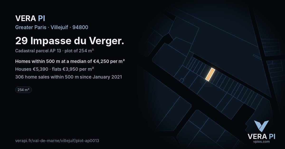 29 Impasse du Verger, Villejuif at night – the plot lit, the parcels around coloured by the prices near them