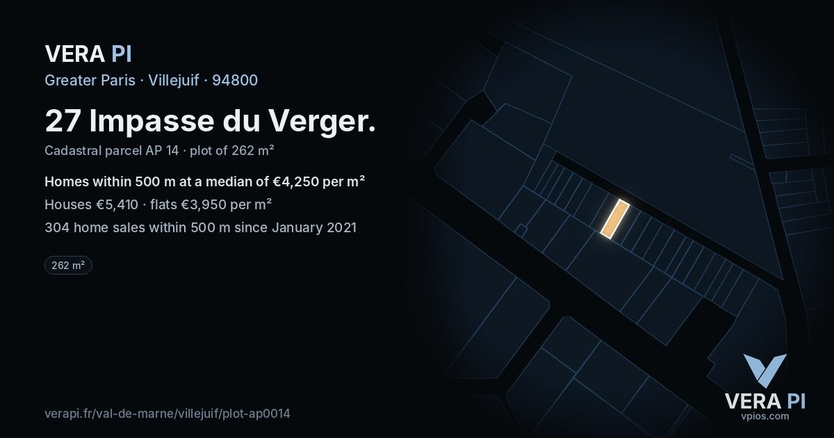 27 Impasse du Verger, Villejuif at night – the plot lit, the parcels around coloured by the prices near them