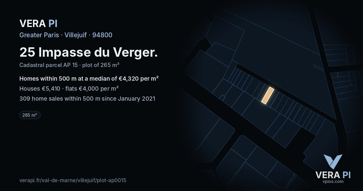 25 Impasse du Verger, Villejuif at night – the plot lit, the parcels around coloured by the prices near them