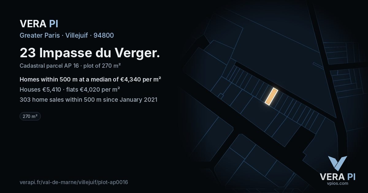 23 Impasse du Verger, Villejuif at night – the plot lit, the parcels around coloured by the prices near them