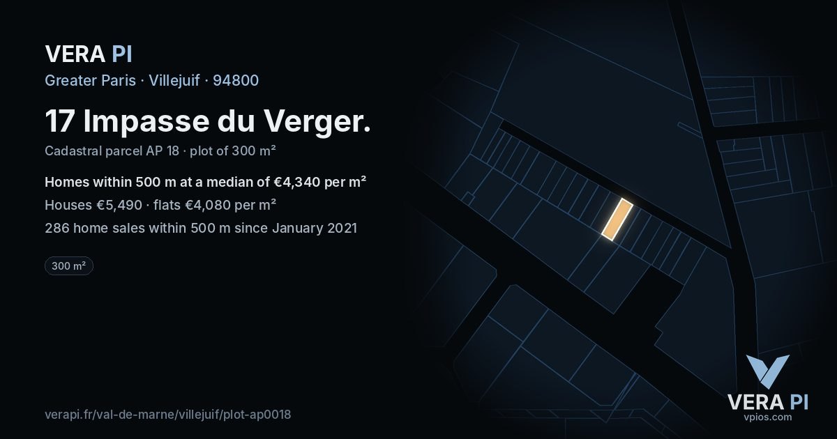 17 Impasse du Verger, Villejuif at night – the plot lit, the parcels around coloured by the prices near them