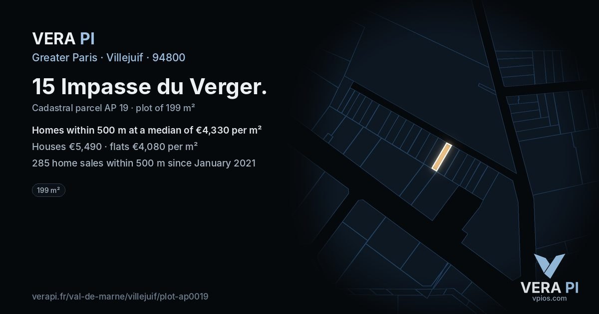 15 Impasse du Verger, Villejuif at night – the plot lit, the parcels around coloured by the prices near them
