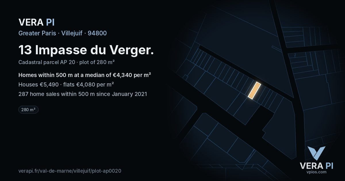 13 Impasse du Verger, Villejuif at night – the plot lit, the parcels around coloured by the prices near them