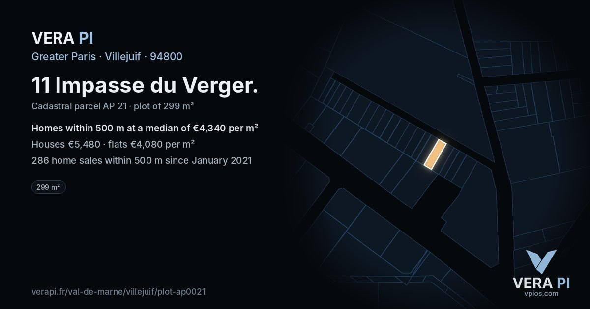 11 Impasse du Verger, Villejuif at night – the plot lit, the parcels around coloured by the prices near them