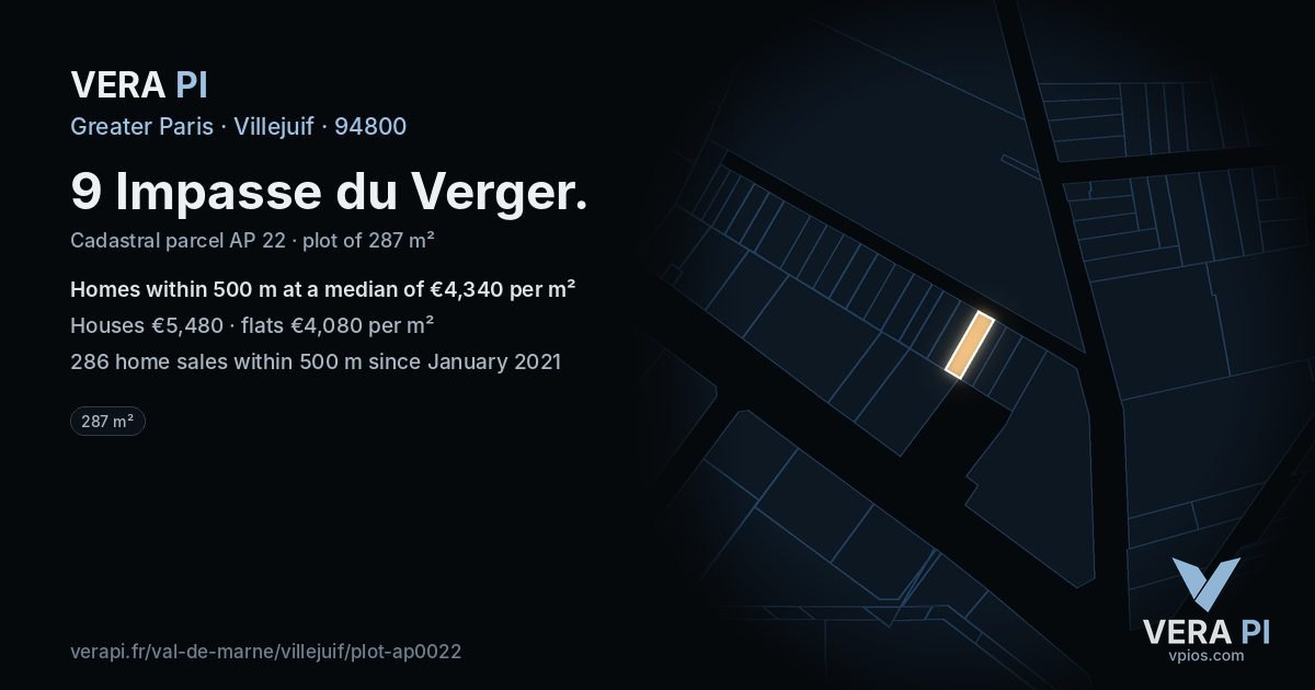 9 Impasse du Verger, Villejuif at night – the plot lit, the parcels around coloured by the prices near them