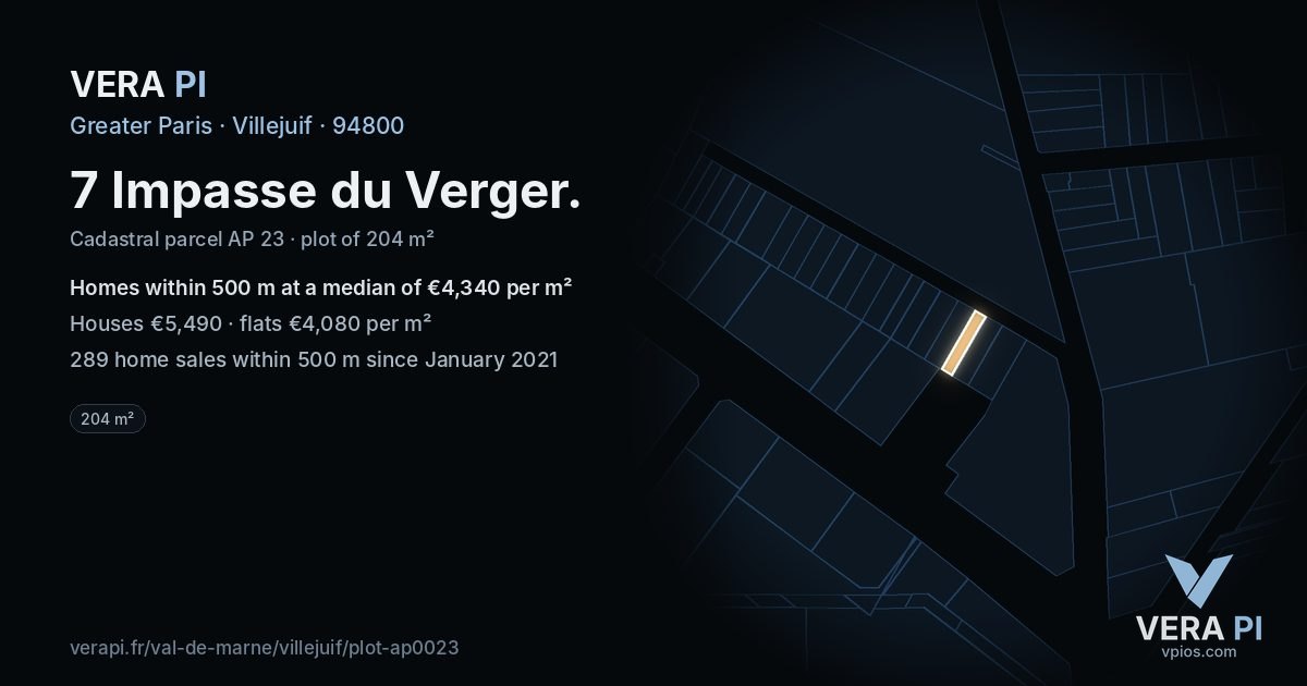 7 Impasse du Verger, Villejuif at night – the plot lit, the parcels around coloured by the prices near them