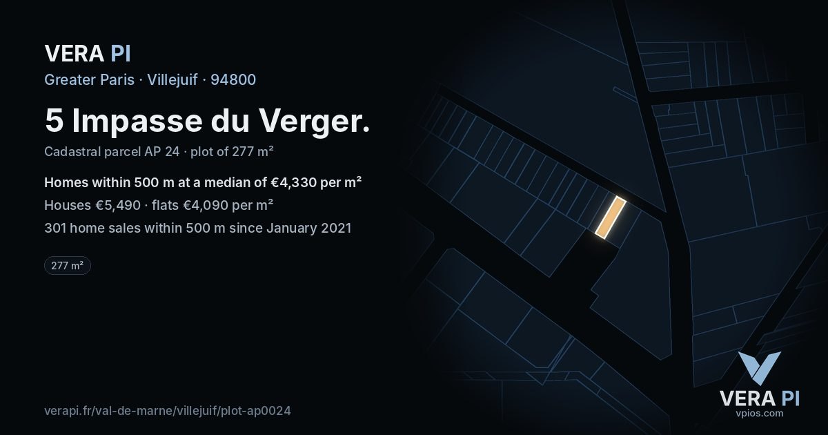 5 Impasse du Verger, Villejuif at night – the plot lit, the parcels around coloured by the prices near them