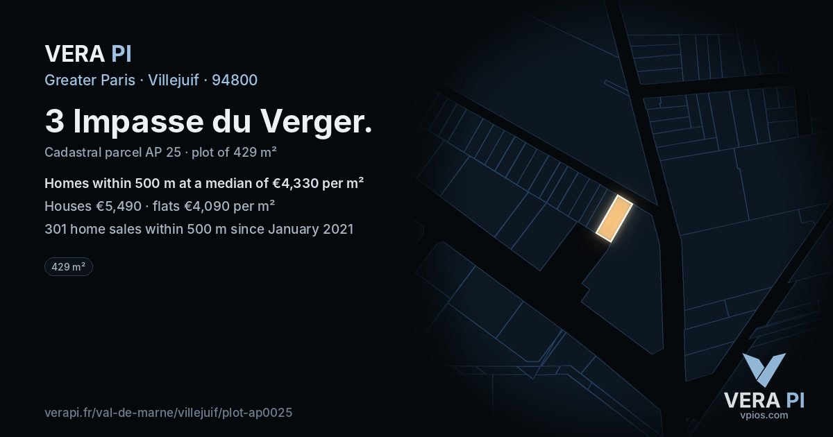 3 Impasse du Verger, Villejuif at night – the plot lit, the parcels around coloured by the prices near them