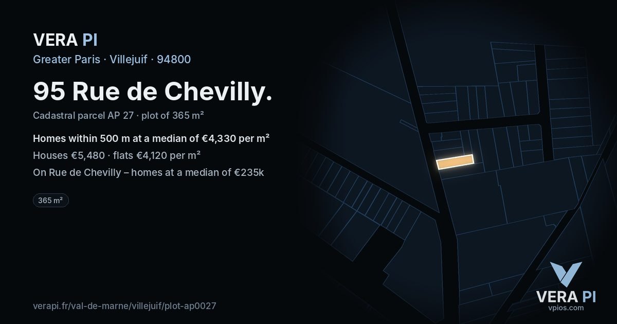 95 Rue de Chevilly, Villejuif at night – the plot lit, the parcels around coloured by the prices near them