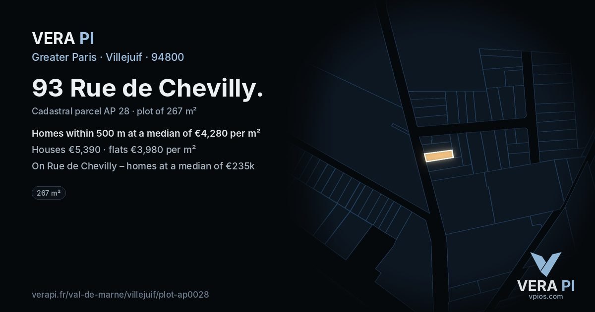 93 Rue de Chevilly, Villejuif at night – the plot lit, the parcels around coloured by the prices near them