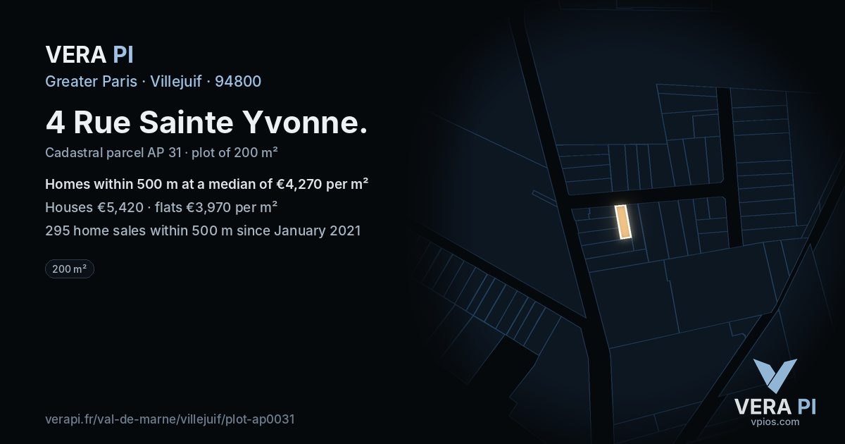 4 Rue Sainte Yvonne, Villejuif at night – the plot lit, the parcels around coloured by the prices near them