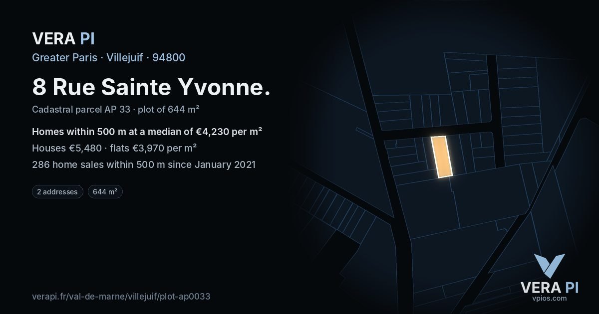 8 Rue Sainte Yvonne, Villejuif at night – the plot lit, the parcels around coloured by the prices near them
