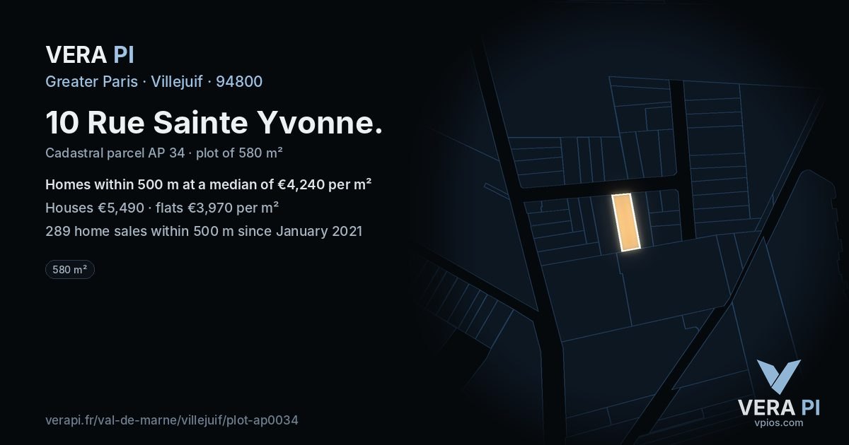 10 Rue Sainte Yvonne, Villejuif at night – the plot lit, the parcels around coloured by the prices near them