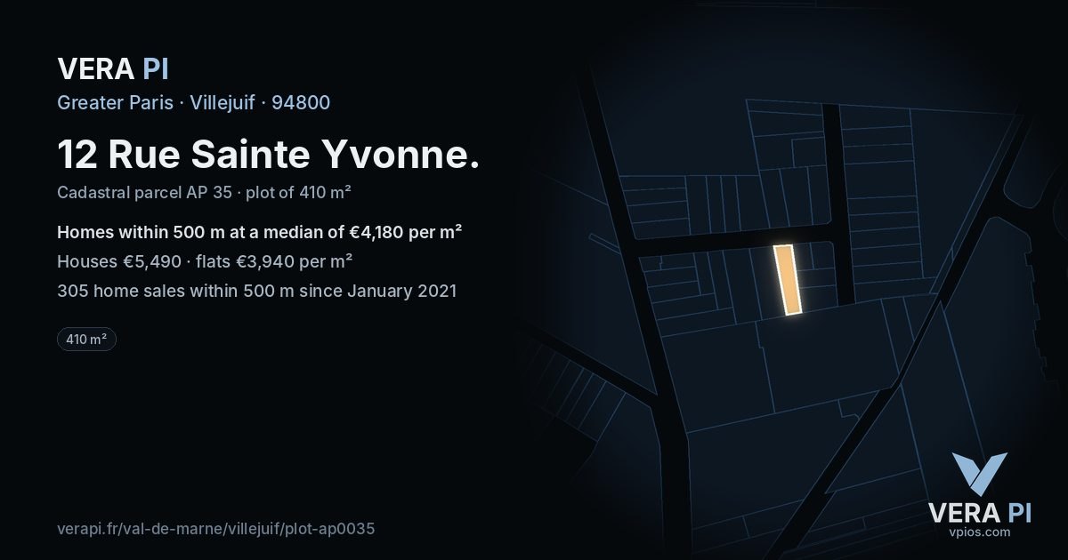 12 Rue Sainte Yvonne, Villejuif at night – the plot lit, the parcels around coloured by the prices near them