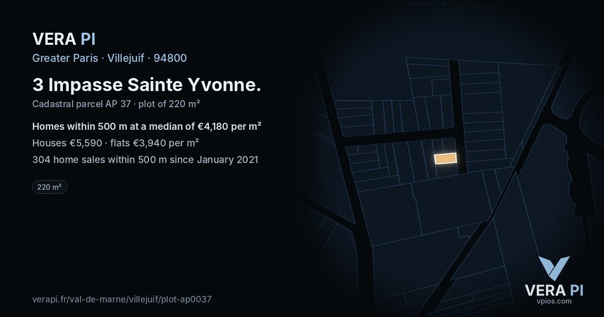 3 Impasse Sainte Yvonne, Villejuif at night – the plot lit, the parcels around coloured by the prices near them