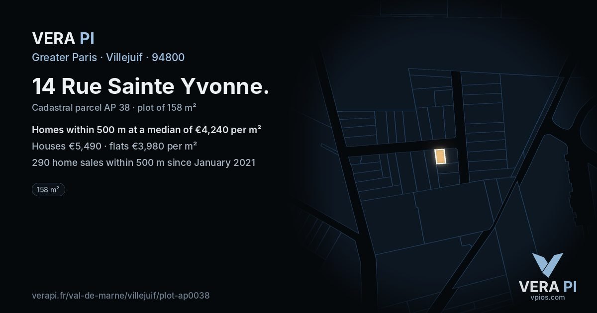 14 Rue Sainte Yvonne, Villejuif at night – the plot lit, the parcels around coloured by the prices near them