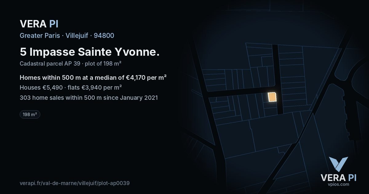 5 Impasse Sainte Yvonne, Villejuif at night – the plot lit, the parcels around coloured by the prices near them