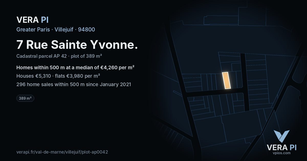 7 Rue Sainte Yvonne, Villejuif at night – the plot lit, the parcels around coloured by the prices near them