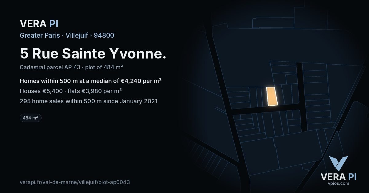 5 Rue Sainte Yvonne, Villejuif at night – the plot lit, the parcels around coloured by the prices near them