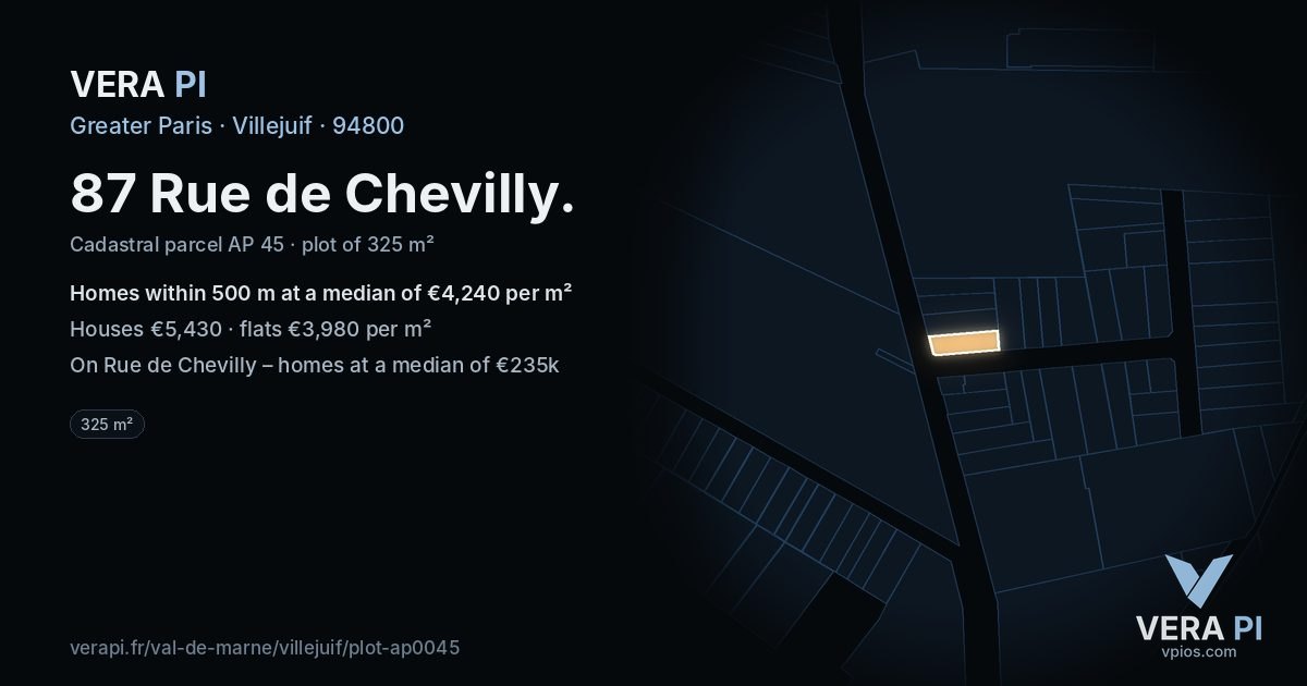 87 Rue de Chevilly, Villejuif at night – the plot lit, the parcels around coloured by the prices near them