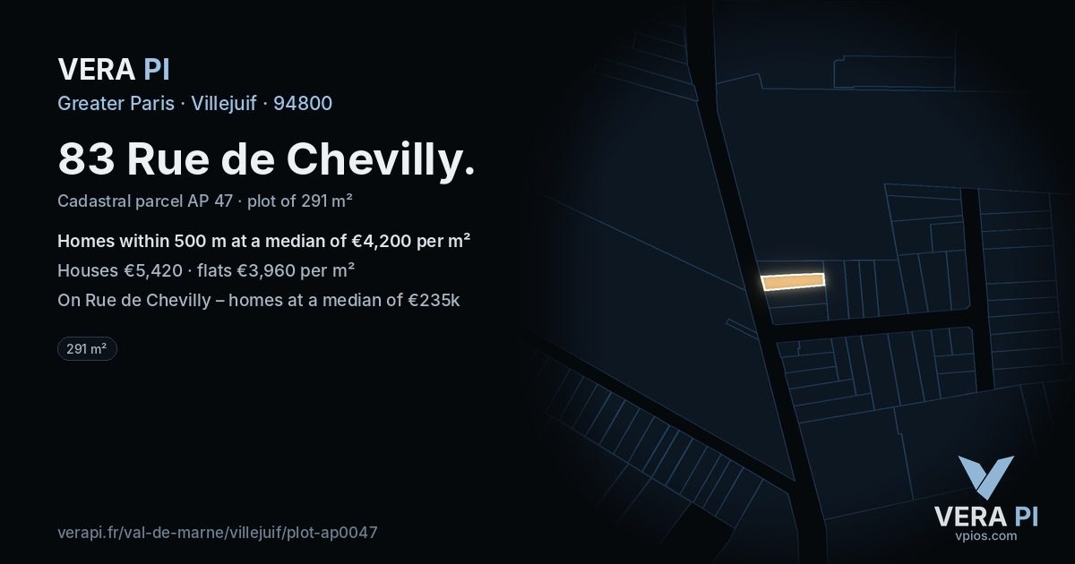 83 Rue de Chevilly, Villejuif at night – the plot lit, the parcels around coloured by the prices near them