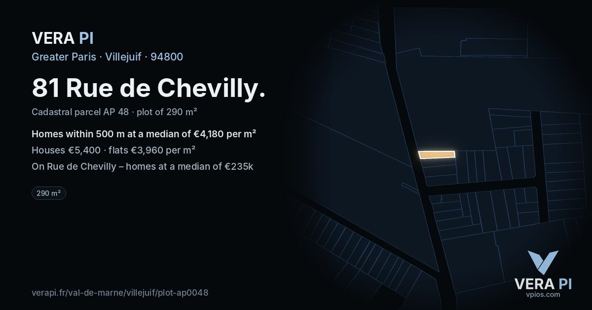 81 Rue de Chevilly, Villejuif at night – the plot lit, the parcels around coloured by the prices near them