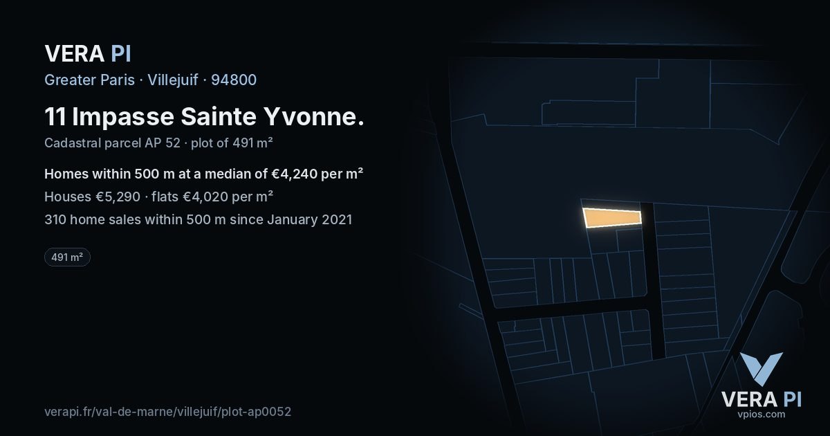 11 Impasse Sainte Yvonne, Villejuif at night – the plot lit, the parcels around coloured by the prices near them