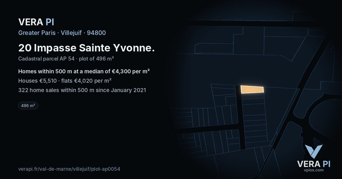 20 Impasse Sainte Yvonne, Villejuif at night – the plot lit, the parcels around coloured by the prices near them