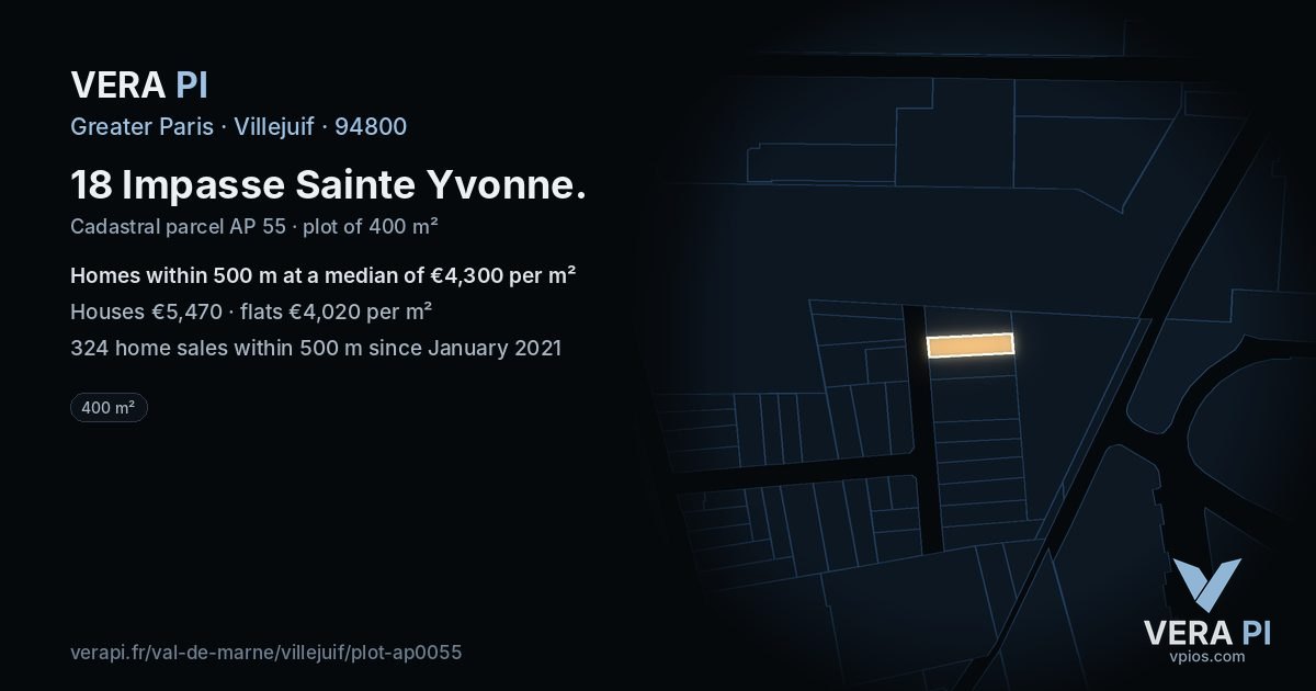 18 Impasse Sainte Yvonne, Villejuif at night – the plot lit, the parcels around coloured by the prices near them