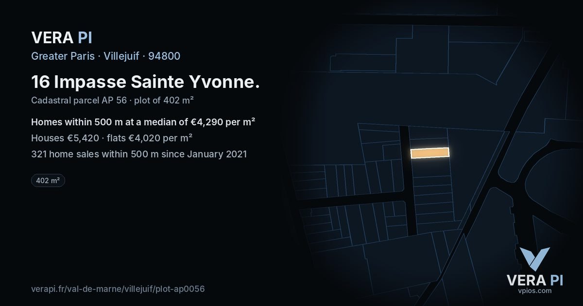 16 Impasse Sainte Yvonne, Villejuif at night – the plot lit, the parcels around coloured by the prices near them