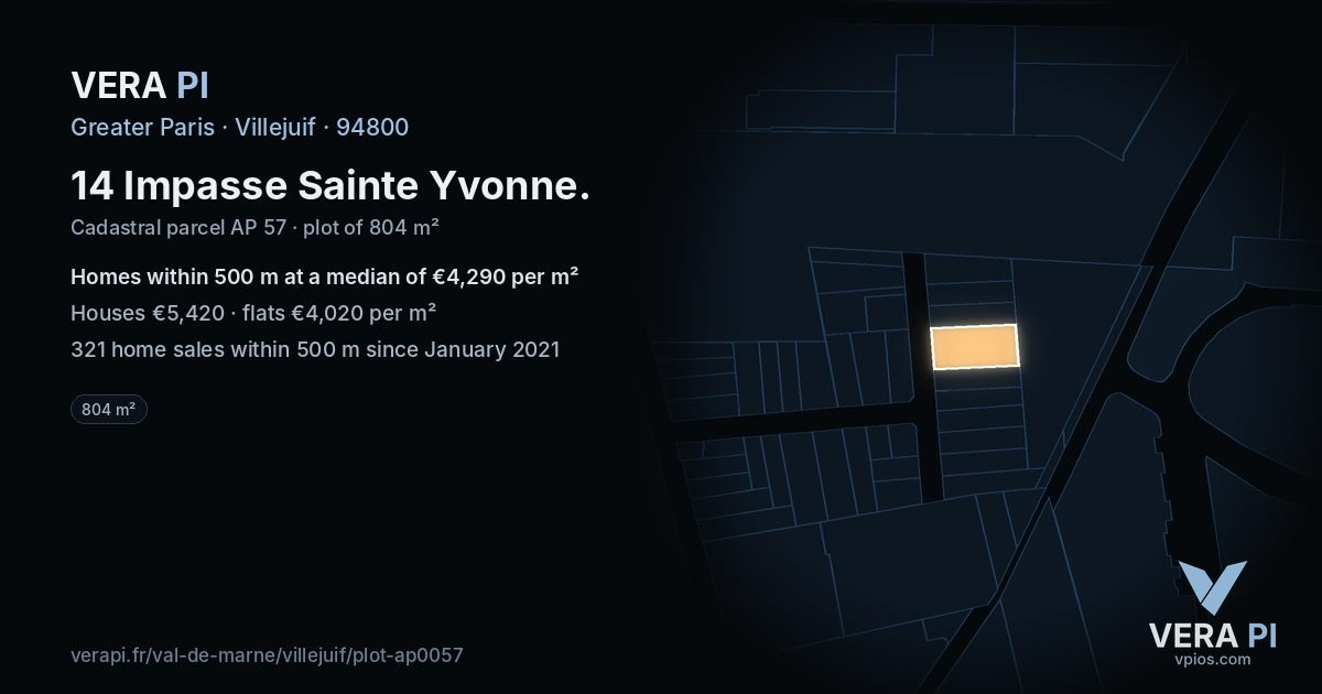 14 Impasse Sainte Yvonne, Villejuif at night – the plot lit, the parcels around coloured by the prices near them