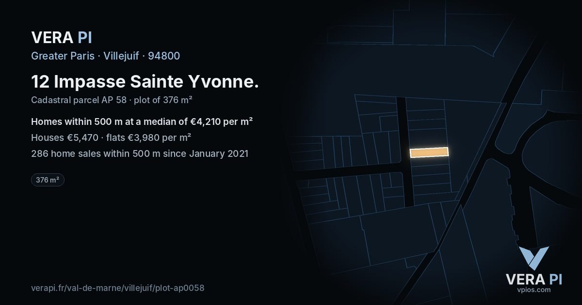 12 Impasse Sainte Yvonne, Villejuif at night – the plot lit, the parcels around coloured by the prices near them