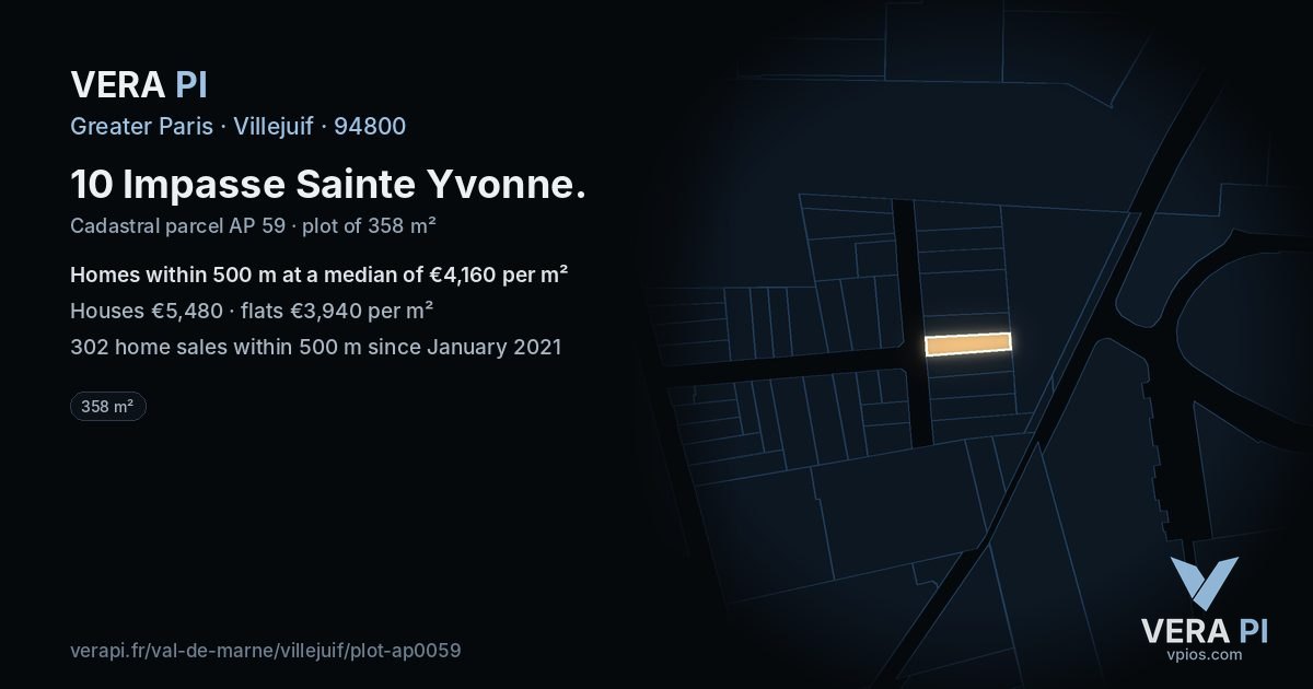 10 Impasse Sainte Yvonne, Villejuif at night – the plot lit, the parcels around coloured by the prices near them