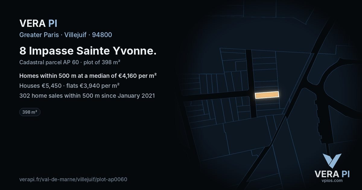8 Impasse Sainte Yvonne, Villejuif at night – the plot lit, the parcels around coloured by the prices near them