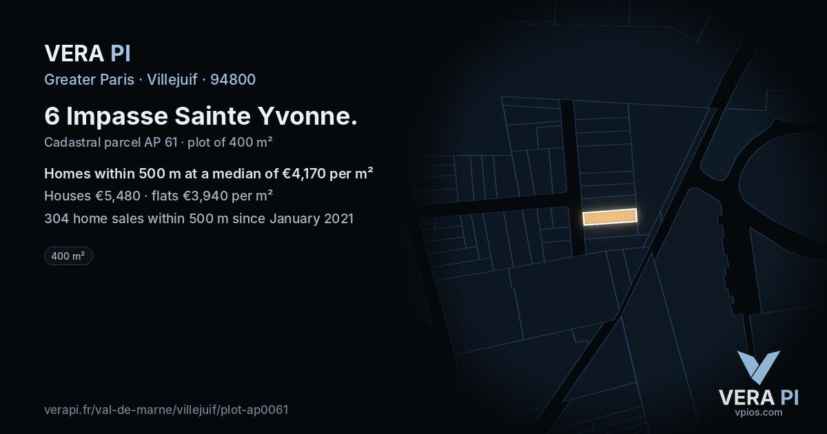 6 Impasse Sainte Yvonne, Villejuif at night – the plot lit, the parcels around coloured by the prices near them