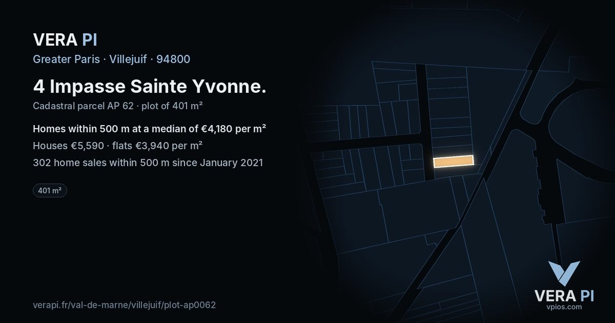 4 Impasse Sainte Yvonne, Villejuif at night – the plot lit, the parcels around coloured by the prices near them