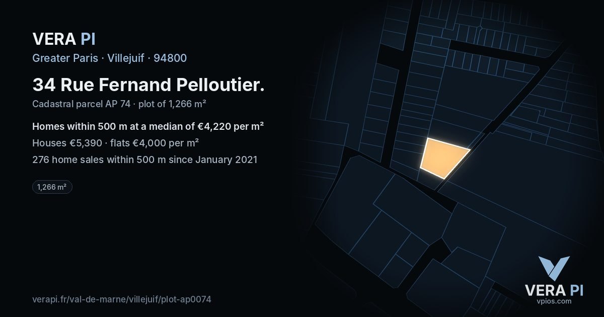34 Rue Fernand Pelloutier, Villejuif at night – the plot lit, the parcels around coloured by the prices near them