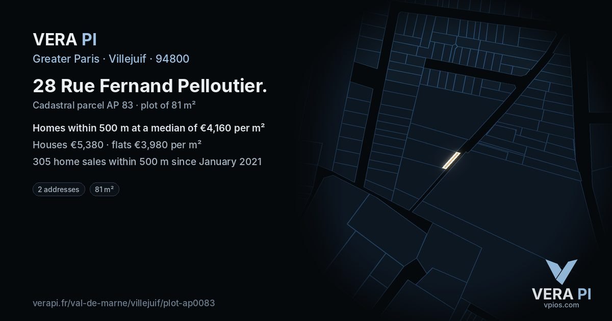 28 Rue Fernand Pelloutier, Villejuif at night – the plot lit, the parcels around coloured by the prices near them