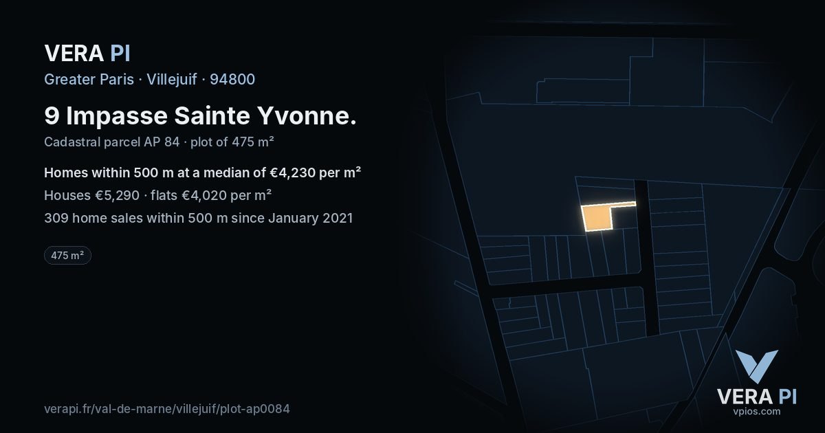 9 Impasse Sainte Yvonne, Villejuif at night – the plot lit, the parcels around coloured by the prices near them