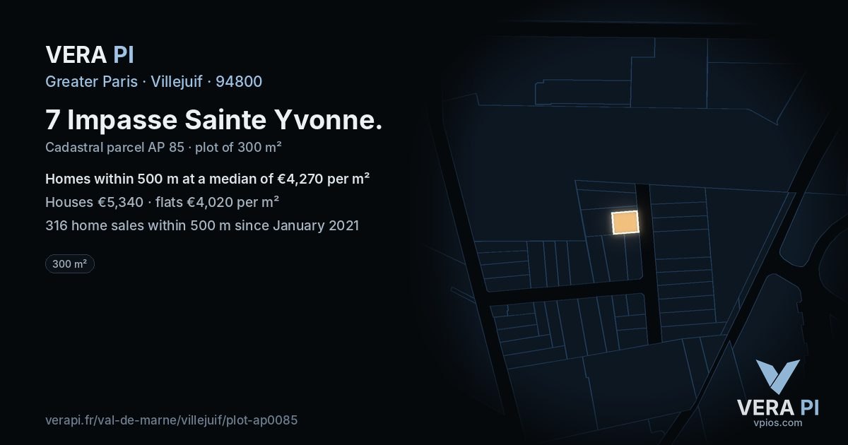 7 Impasse Sainte Yvonne, Villejuif at night – the plot lit, the parcels around coloured by the prices near them